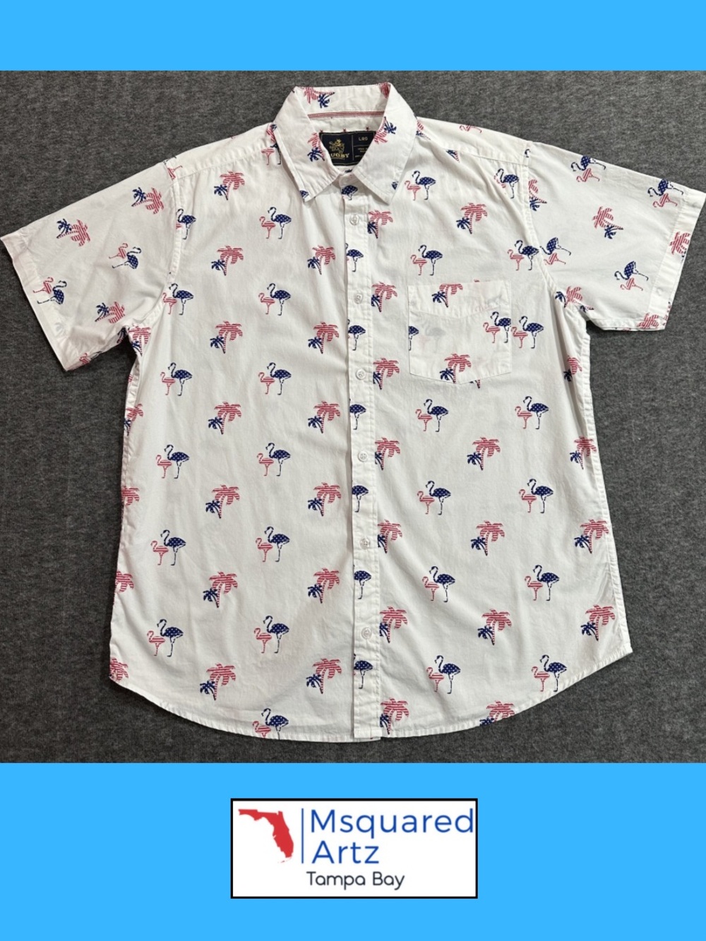Rugby University Patriotic Flamingo Palm Tree Button Front Shirt Large